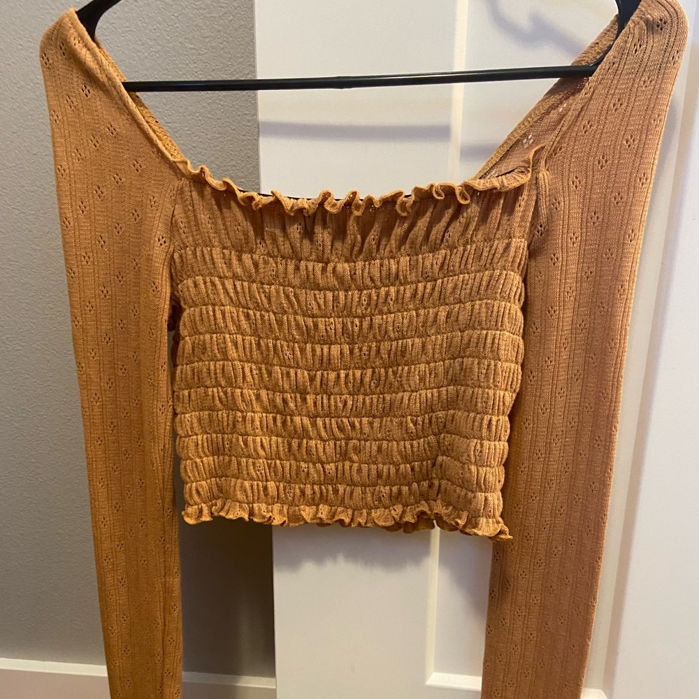 Mustard Smocked Eyelet Long Sleeve Crop Top